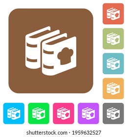 Two cookbooks with chef hat flat icons on rounded square vivid color backgrounds.