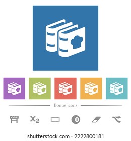 Two cookbooks with chef hat flat white icons in square backgrounds. 6 bonus icons included.