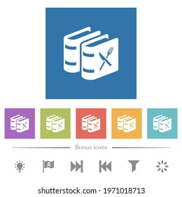 Two cookbooks with knife and fork flat white icons in square backgrounds. 6 bonus icons included.