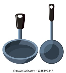 Two cooking pans one bigger pan and a small pan for frying the vegetables or meat vector color drawing or illustration.