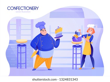Two cooks confectioners in uniform decorating cakes cartoon vector illustration