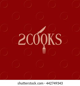 Two Cooks Logo Authentic Lettering and Symbolic Attributes - Dirty Pink Letters and Objects on Dark Red Plate Symbol White Wallpaper Background - Flat Contrast Graphic Illustration