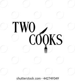 Two Cooks Logo Authentic Lettering and Symbolic Attributes - Black Letters and Objects on Plate Symbol White Wallpaper Background - Flat Contrast Graphic Illustration