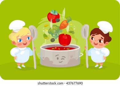 Two cooks mixed ingredients for a summer soup. Recipe vegetable Soup.  Useful soup vegetables. The composition of vegetable soup. The ingredients of vegetable soup. 