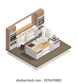 Two cooks working in restaurant kitchen with professional cooking equipment isometric composition 3d vector illustration