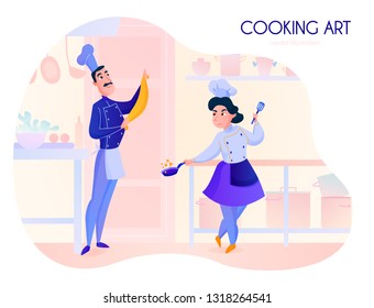 Two cooks working in restaurant kitchen cartoon vector illustration