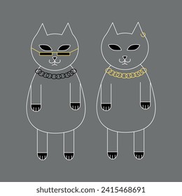 Two cool cats are standing with glasses, a chain and an earring. Tattoo. Design element. Black and white line art vector illustration