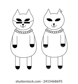 Two cool cats are standing with glasses, a chain and an earring. Tattoo. Design element. Black and white line art vector illustration