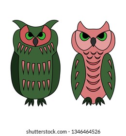 two cool, cute owls in green and pink colors