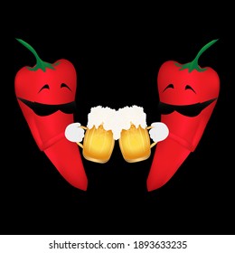 Two cool hot chili peppers drink beer on a black background.