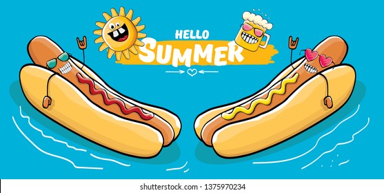 Two cool hotdogs relaxing in swimming pool. Hello summer vector concept illustration. Funky food characters set 