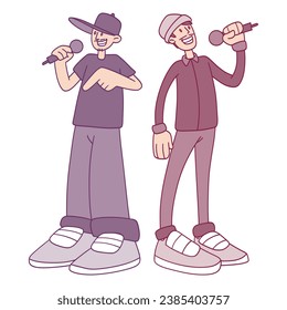 two cool rappers with microphone in hand. vector comic illustration