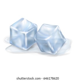 Two cool and shiny ice cubes lying in small amount of melted water isolated on white background vector illustration.
