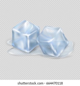 Two cool and shiny ice cubes lying in small amount of melted water isolated on transparent background vector illustration.
