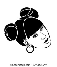 Two cool space double buns hairstyle on the sides. Pucca Hair.Black African American girl woman vector portrait profile head face silhouette.Stencil lady.Laser plotter cutting.Vinyl Wall Sticker Decal