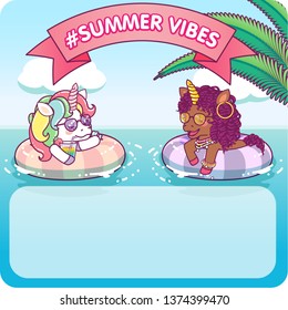 Two cool unicorns floating on a life buoy drinking a cocktail and relaxing