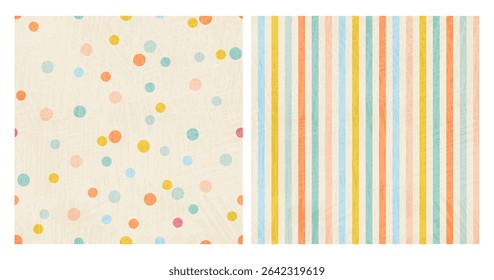 Two coordinating seamless patterns. One with multicolor pastel polka dots and the other with vertical stripes on a textured background. Vector pattern with muted color scheme for kids or crafts.