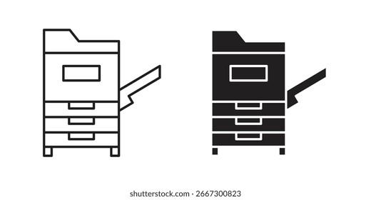 Dos iconos de la máquina copiadora, uno en estilo de línea y uno en estilo sólido, aislado en el fondo blanco. Perfecto para conceptos de oficina, tecnología y negocios.