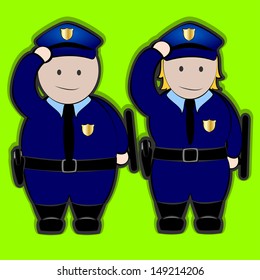 two cops man and woman in greeting position, wearing blue, green background.