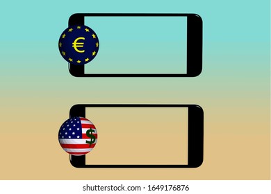 plantilla de dos teléfonos inteligentes con esfera de bandera de la Unión Europea con símbolo de la moneda del euro y esfera de la bandera de Estados Unidos con símbolo de moneda del dólar en color pastel ilustración en 3D