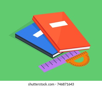 Two copybooks red and blue, ruler and protractor vector illustration isolated on green background. School stationery equipment