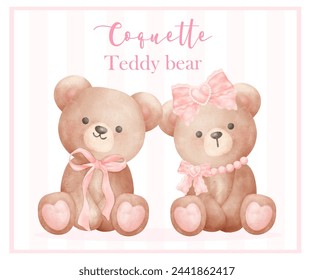 Two Coquette Teddy Bear with ribbon bow Trendy Retro Vintage Watercolor Illustration