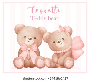 Two Coquette Teddy Bear with ribbon bow Trendy Retro Vintage Watercolor Illustration