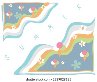 Two corners illustrated with flowers and ice ream, oblique colored waves like border.  Lettering SUMMER. Fresh, young background for cards and templates.