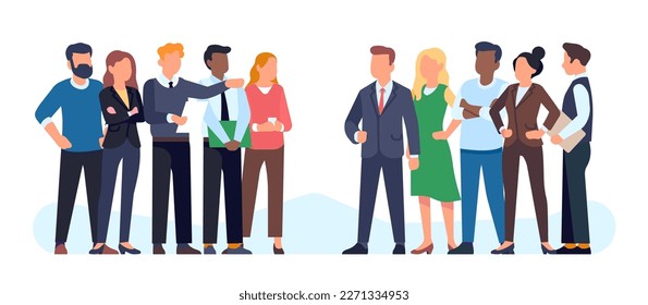 Two corporate teams. Business confrontation. Healthy competition. Men and women standing together. Businessmen opponent groups. Workers rivalry. Colleagues challenge