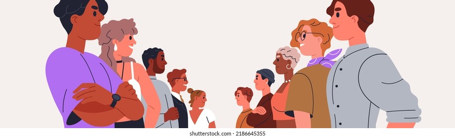 Two corporate teams, opposite competitors groups. Business confrontation, healthy competition, rivalry concept. Positive opponents communication. Flat vector illustration isolated on white background - Shutterstock ID 2186645355