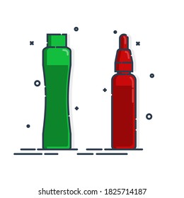 Two cosmetic container. Body care hygiene. Blank package bottle. Plastic makeup jar product. Color beauty medicine package. Oil, deodorant. Treatment mockup design. Outline object. Vector.
