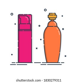Two cosmetic container. Body care hygiene. Blank package bottle. Plastic cosmetic jar product. Beauty product package. Body lotion drop. Oil, lotion, shampoo. Treatment mockup design. Outline object.
