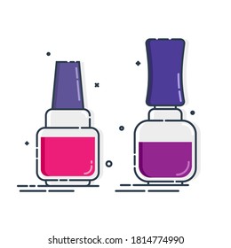Two cosmetic container nail polish. Female fashion product. Plastic or glass bottle label design. Fashion & style. Closeup on white backdrop. Isolated object. Illustration isolated white background.
