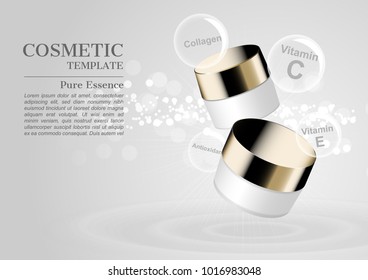 Two cosmetic jars with ingredient icons and small lights on white concentric wave