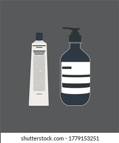 Two cosmetic product. Simple (min) men's skin care set. Isolated illustration of cleanser and cream. Black background