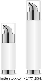 Two cosmetic pump bottles. White and silver colors. Vector