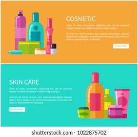 Two cosmetic skin care cards, vector illustration with two multicolored posters with set of various make-up bottles, text sample and push buttons
