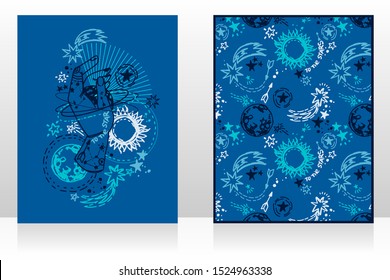 Two cosmic banners with hand, stars, comets and planets, blue colors, vector illustration