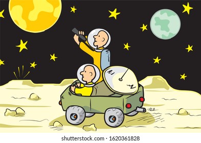 Two cosmonauts in the cosmos. Males at moon rover.