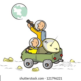 Two cosmonauts at moon rover, space vehicle, vector illustration