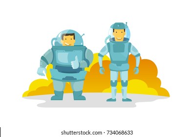 Two cosmonauts in the spacesuit., fat and thin. Shows the finger up. Happy and smiling. new planet.