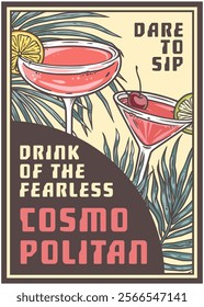 Two cosmopolitan cocktails are displayed, one garnished with a lemon slice and the other with a lime wedge and a cherry, against a backdrop of tropical leaves, with text overlay promoting the drink