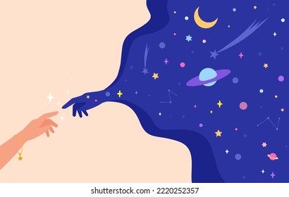 Two cosmos hand. Imagine universe and creation abstract galaxy in dream, silhouettes space alien human hands together, god help concept astrology science flat vector illustration of universe cosmos