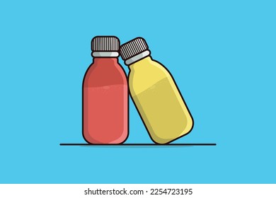  Two Cough Syrup Bottles vector illustration. Health and medical object icon concept. Cough bottle with herbal cough remedy, herbal medicine. Treatment of flu, illness, disease.