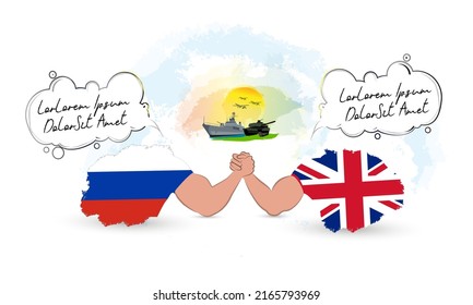 Two countries arm wrestling with each other,with a talking bubble.A battleship,a tank and fighter jets seen in the background on a sunny sky. Representing the countries with Russian and British flag.