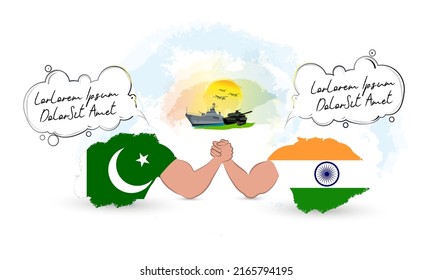 Two countries arm wrestling with each other,with a talking bubble.A battleship,a tank and fighter jets seen in the background on asunny sky.Representing thecountries with Pakistani and Indian flag