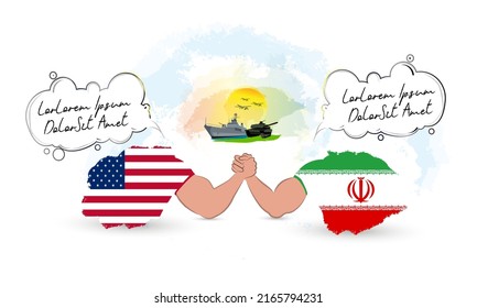 Two countries arm wrestling with each other,with a talking bubble.A battleship,a tank and fighter jets seen in the background on a sunny sky. Representing the countries with iranian and USA flag.