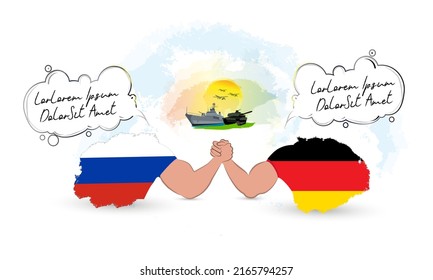 Zwei Länder bewaffnen mit einer sprechenden Luftblase miteinander. Ein Schlachtschiff, ein Panzer und Kampfjets, die im Hintergrund auf einem sonnigen Himmel zu sehen sind. Vertretung der Länder mit russischer und deutscher Flagge.