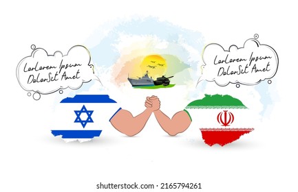 Two countries arm wrestling with each other,with a talking bubble.A battleship,a tank and fighter jets seen in the background on a sunny sky. Representing the countries with Israeli and Iranian flag.