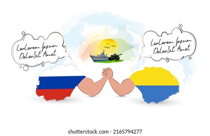 Two countries arm wrestling with each other,with a talking bubble.A battleship,a tank and fighter jets seen in the background on a sunny sky. Representing the countries with Russian and Ukrainian flag